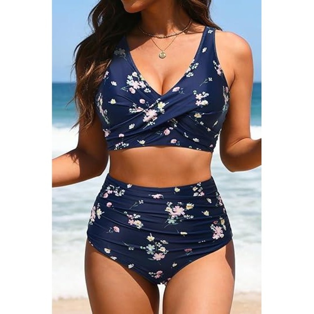 Yonique Womens Floral High Waisted Bikini Set Navy Blue Tummy Control Large NWT